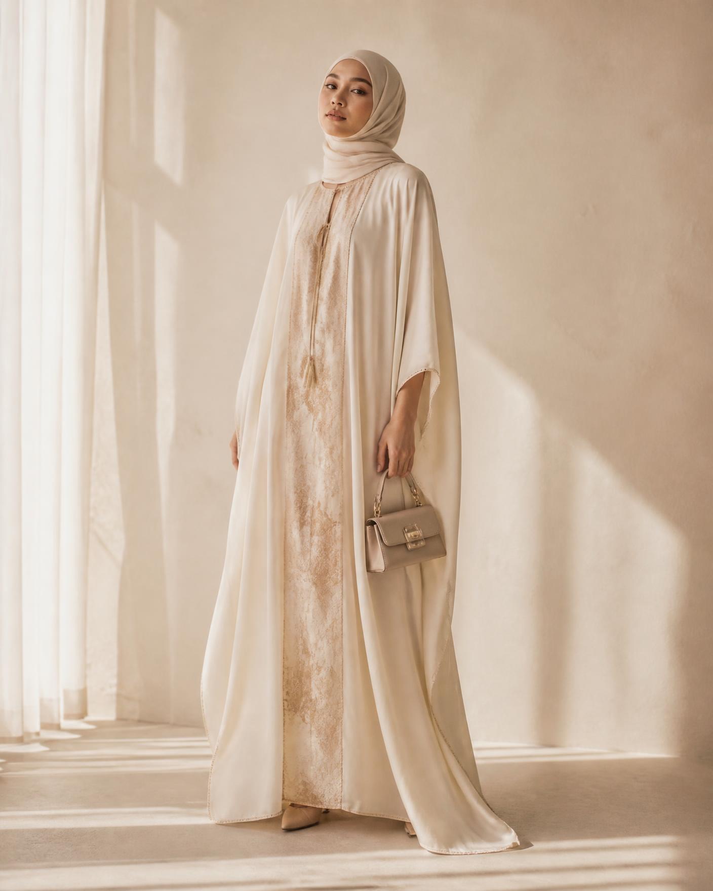 Model memakai kaftan krim OSD Exclusive dengan sulaman emas